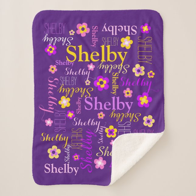 Purple pink yellow flowers girl Shelby custom name Sherpa Blanket (Front)