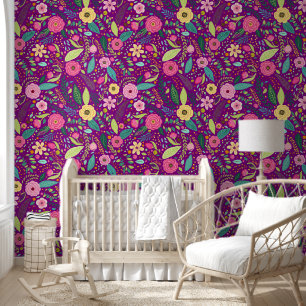 Purple pink yellow green floral peel and stick wallpaper