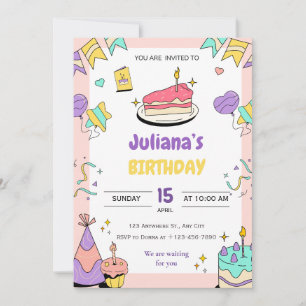 Purple pink Yellow Illustrated Birthday cartoon Invitation