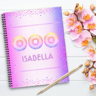 Purple pink yellow ombre glitter doughnuts name notebook