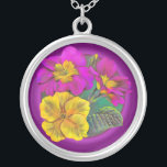 Purple pink yellow spring primrose art necklace<br><div class="desc">Beautiful purple pink and golden yellow primrose art necklace. © Original artwork painted in watercolor and gouache on dark paper by artist Sarah Trett. www.sarahtrett.com for www.mylittleeden.com</div>