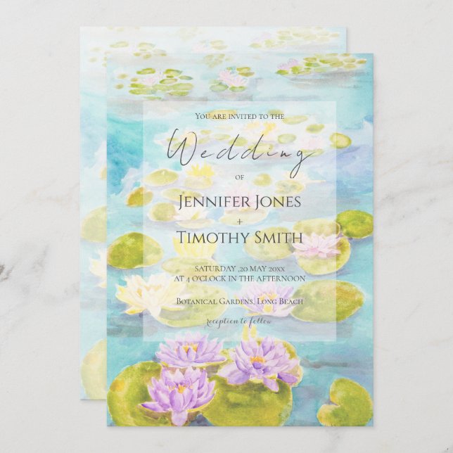 purple pink yellow waterlily pond watercolour  invitation (Front/Back)