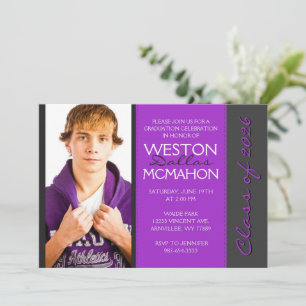 Purple & Pinstripe Grey Photo Graduation Invitation