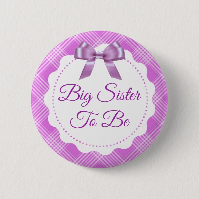 Purple Plaid and Bow Big Sister to be Button (Front)