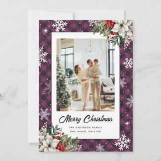 Purple Plaid Botanical Photo Christmas Card