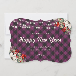 Purple Plaid Botanical String Lights New Year Card