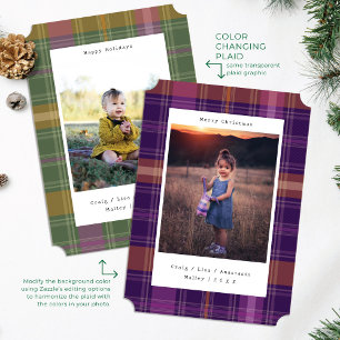 Purple Plaid Colour Changing Photo Christmas Card