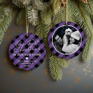 Purple Plaid First Christmas Home Photo Ceramic Tree Decoration