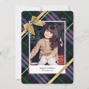Purple Plaid Gift Wrapped & Gold Bow Present Photo Holiday Card