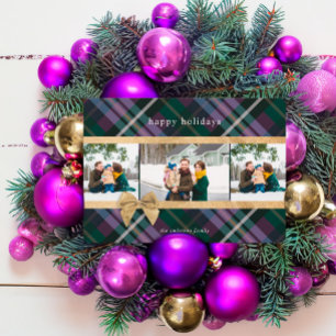 Purple Plaid Gift Wrapped & Gold Bow Present Photo Holiday Card