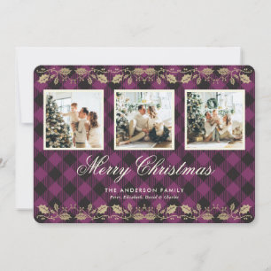 Purple Plaid Gold Holly Photo Merry Christmas Card
