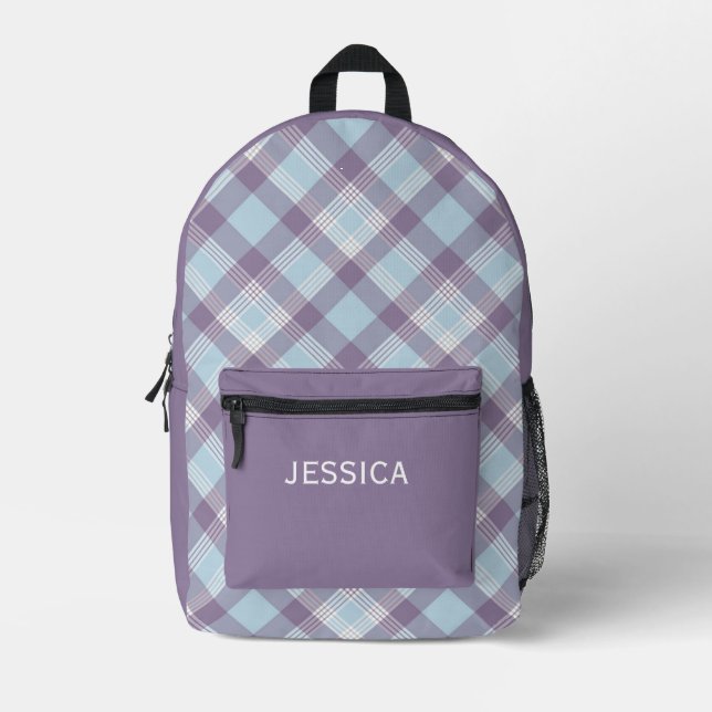 Purple Plaid Kids Personalised School Backpack (Front)