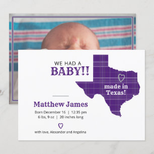Purple Plaid Made In Texas Horizontal Photo Announcement