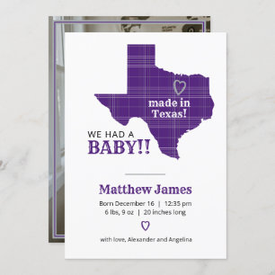 Purple Plaid Made In Texas Vertical Photo Announcement