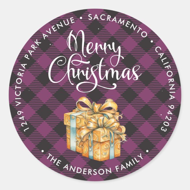 Purple Plaid Merry Christmas Return Address Labels (Front)