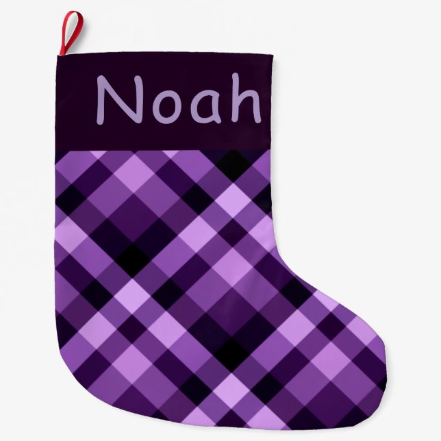 Purple Plaid Monogram Large Christmas Stocking (Front)