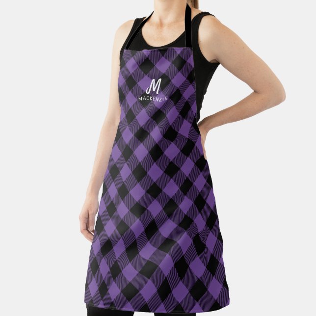 Purple Plaid Personalised Monogram Cooking Apron (Insitu)