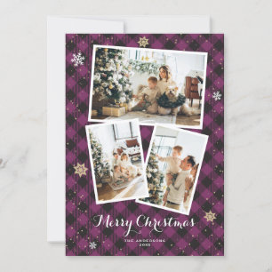 Purple Plaid Photo Collage Merry Christmas Cards