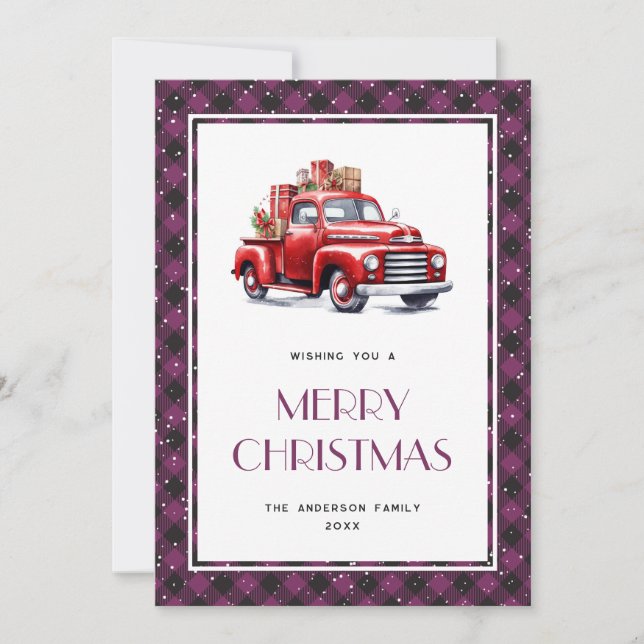 Purple Plaid Retro Red Truck Merry Christmas Card (Front)