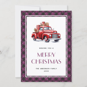 Purple Plaid Retro Red Truck Merry Christmas Card