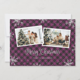 Purple Plaid Silver Snowflake Photo Christmas Card