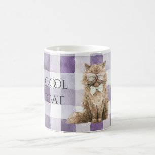 Purple Plaid Stripes Brown Cool Cat Glasses Coffee Mug