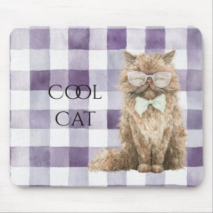Purple Plaid Stripes Brown Cool Cat Glasses   Mouse Pad