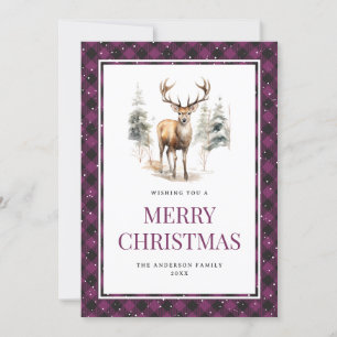 Purple Plaid Watercolor Deer Snowy Merry Christmas Holiday Card