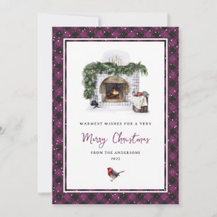 Purple Plaid Watercolor Merry Christmas Holiday Card