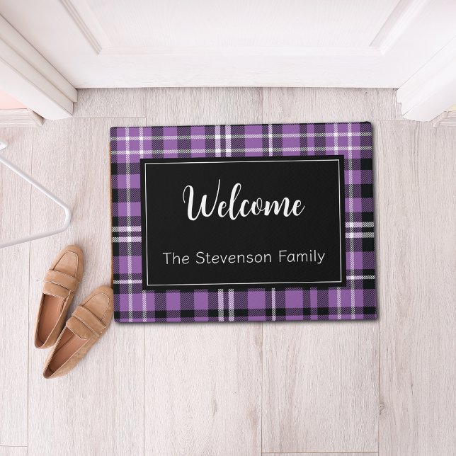 Purple Plaid Welcome Monogrammed Family Name  Doormat (Creator Uploaded)