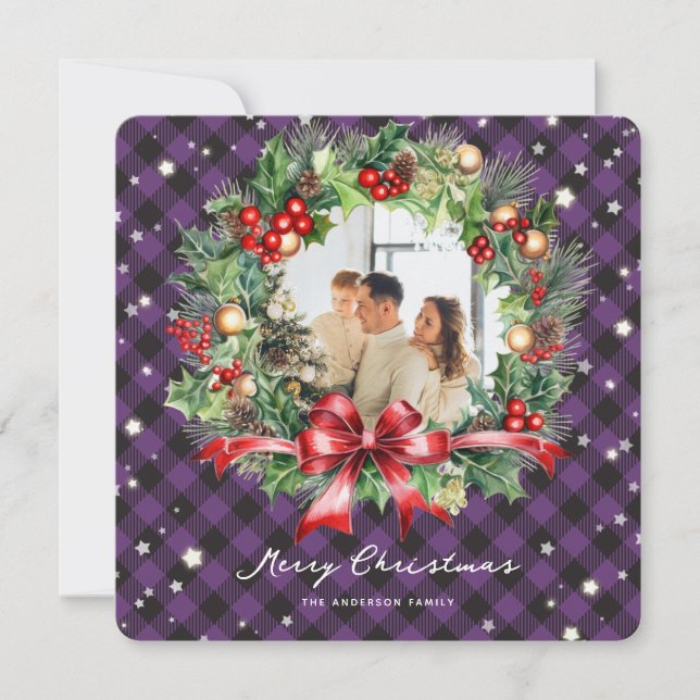 Purple Plaid Wreath Photo Merry Christmas Card (Front)
