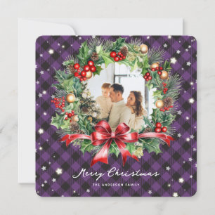 Purple Plaid Wreath Photo Merry Christmas Card