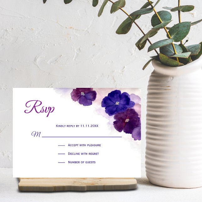 Purple Plum Blue Watercolor Floral RSVP Wedding Card (Creator Uploaded)