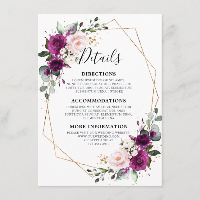 Purple Plum Blush Floral Geometric Wedding Enclosure Card (Front)