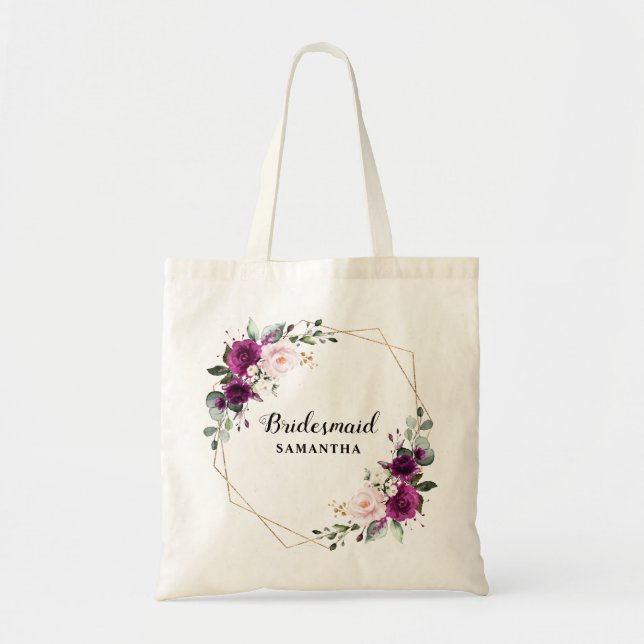 Purple Plum Blush Pink Floral Bridesmaid gift Tote Bag (Front)