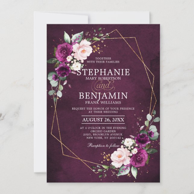 Purple plum Blush Pink Rose Boho Geometric Wedding Invitation (Front)