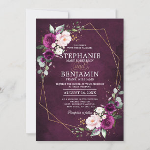 Purple plum Blush Pink Rose Boho Geometric Wedding Invitation