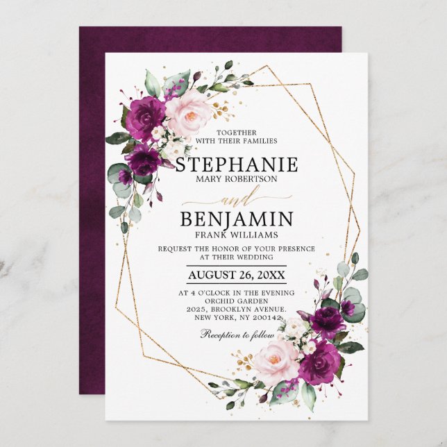 Purple plum Blush Pink Rose Boho Geometric Wedding Invitation (Front/Back)