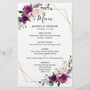 Purple Plum Blush Pink Rose Geometric Wedding Menu