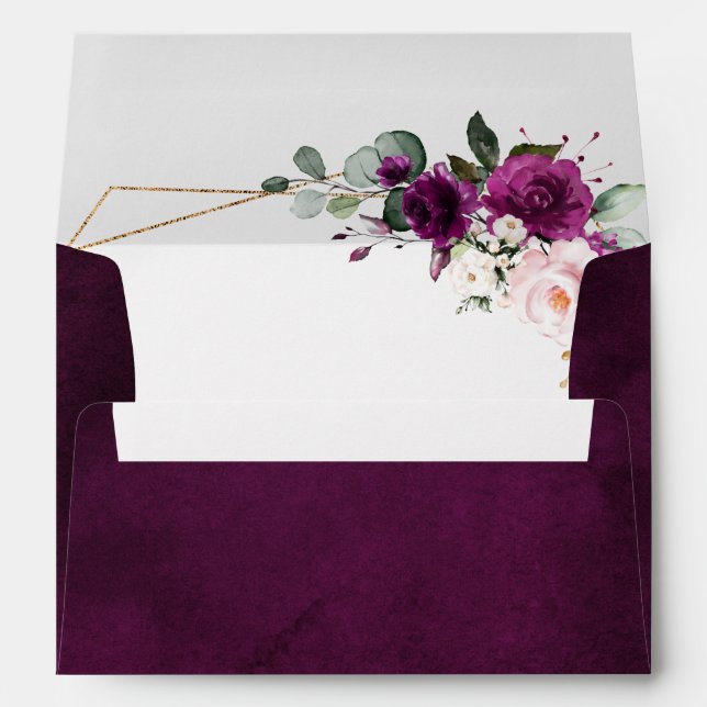Purple Plum Blush Pink Roses Geometric Wedding Envelope (Back (Bottom))