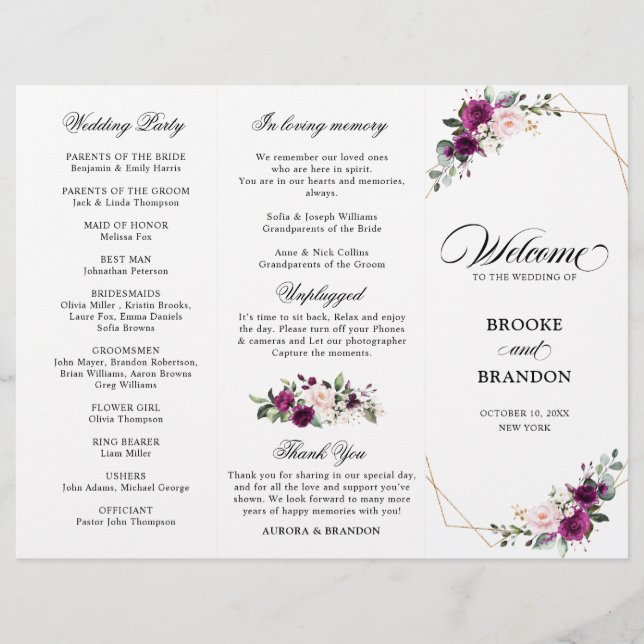 Purple Plum Blush Rose Trifold Wedding Program (Front)