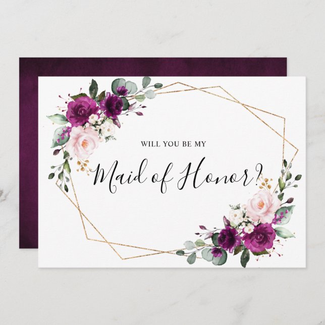 Purple Plum Blush Will You Be My Maid of Honour Invitation (Front/Back)