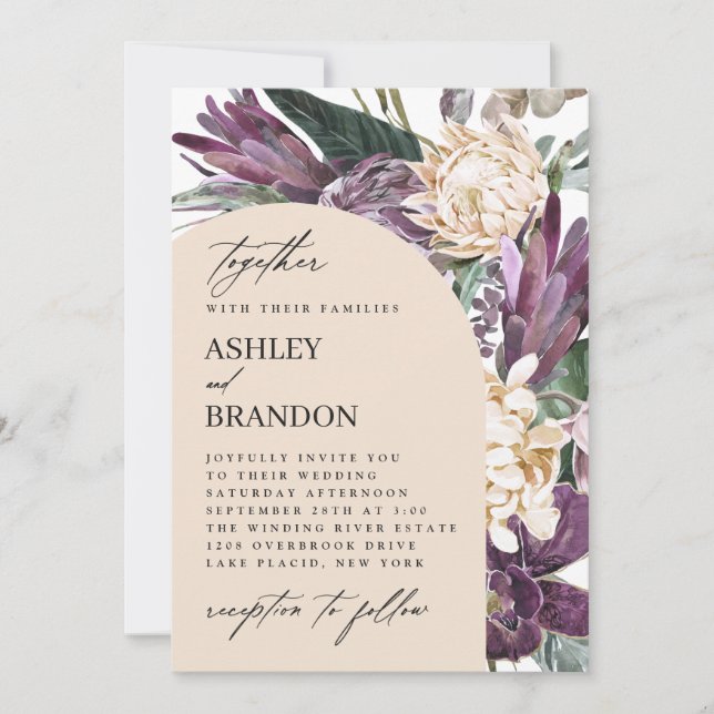 Purple Plum Boho Tropical Floral Wedding Invitation (Front)