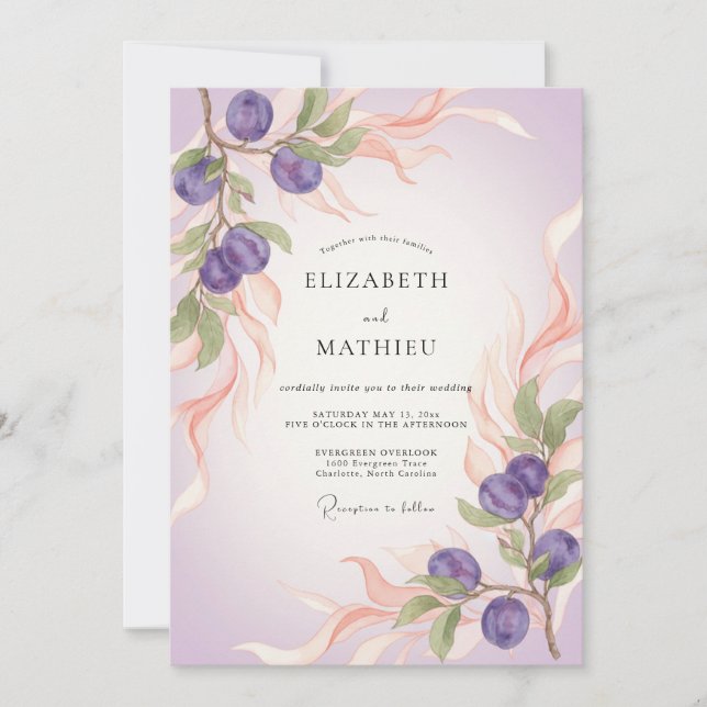 Purple Plum Branch Eucalyptus Wedding Invitation (Front)