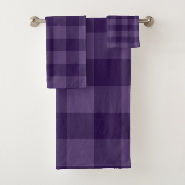 Purple Plum Chequered Squares Plaid Pattern Bath Towel Set (Insitu)