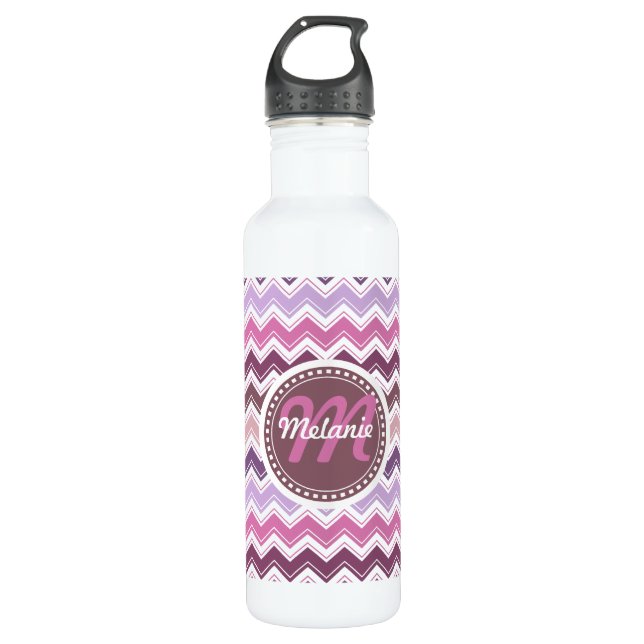 Purple Plum Chevron ZigZag Monogram 710 Ml Water Bottle (Front)