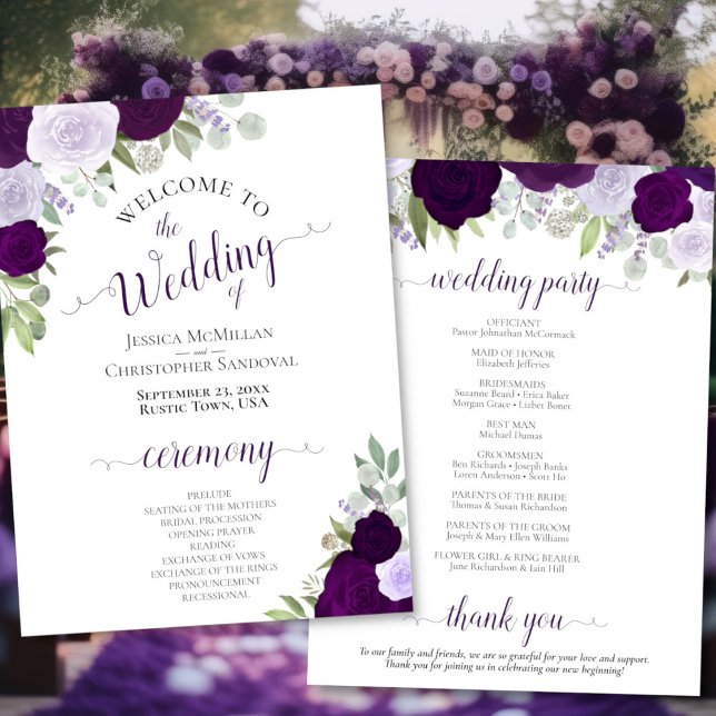 Purple & Plum Floral Downloadable Wedding Program Invitation (Front/Back)