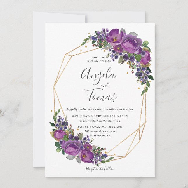 Purple Plum Floral Wedding Geometric Gold Frame Invitation (Front)