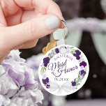 Purple & Plum Floral Wreath Maid of Honour Wedding Key Ring<br><div class="desc">This keychain is designed as a thank you gift for the Maid of Honour at your wedding. The elegant boho chic design a rustic hand painted watercolor design with a wreath of roses and flowers in shades of purple, violet, plum, and lavender. The text is written in elegant script letters,...</div>