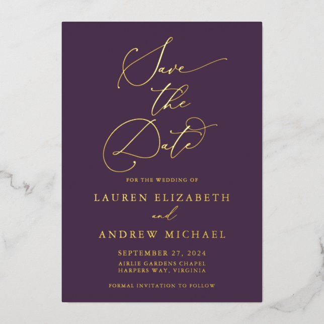 Purple Plum Gold Foil Minimalist Save the Date (Front)